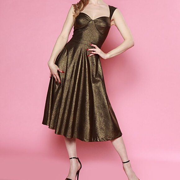NWT Bettie Page Queen of Pinups Retro Fit and Flare Dress in Burnished Gold 20W - Picture 11 of 11